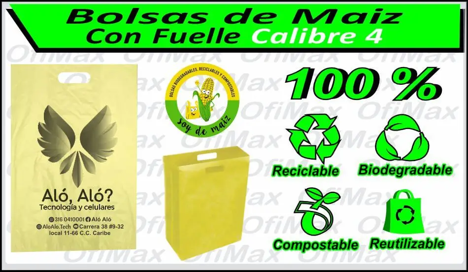 bolsas compostablesecologicas vegetales de maiz con fuelle de 4, bogota, colombia